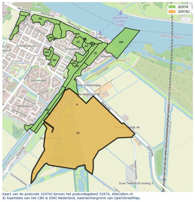 Afbeelding van het postcodegebied 3297 AJ op de kaart.