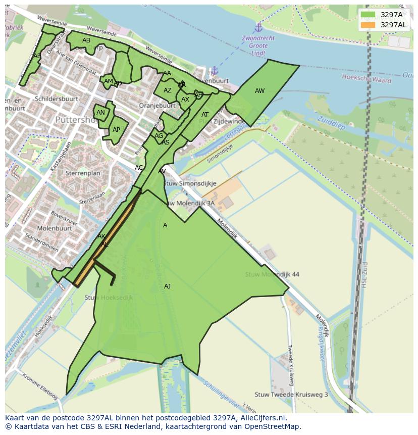 Afbeelding van het postcodegebied 3297 AL op de kaart.