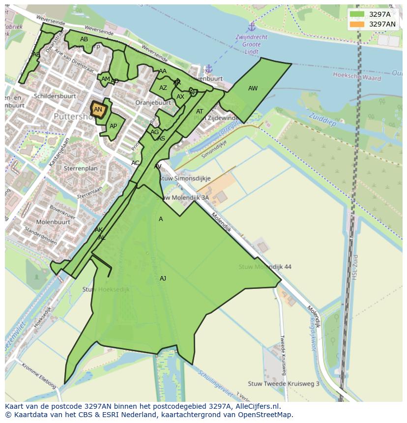 Afbeelding van het postcodegebied 3297 AN op de kaart.