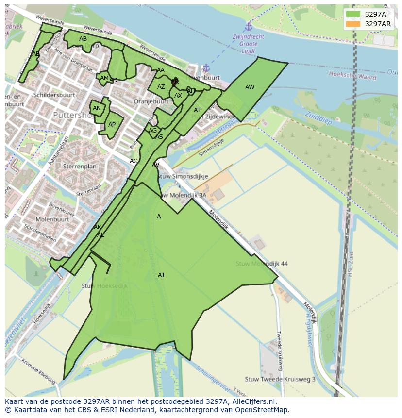 Afbeelding van het postcodegebied 3297 AR op de kaart.