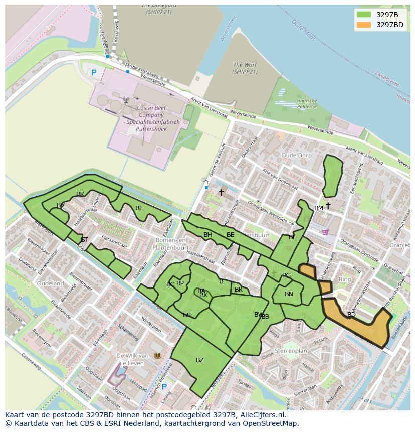 Afbeelding van het postcodegebied 3297 BD op de kaart.