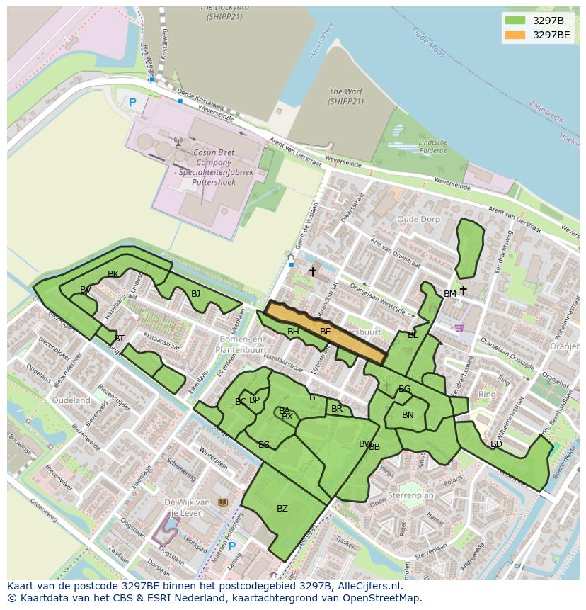 Afbeelding van het postcodegebied 3297 BE op de kaart.
