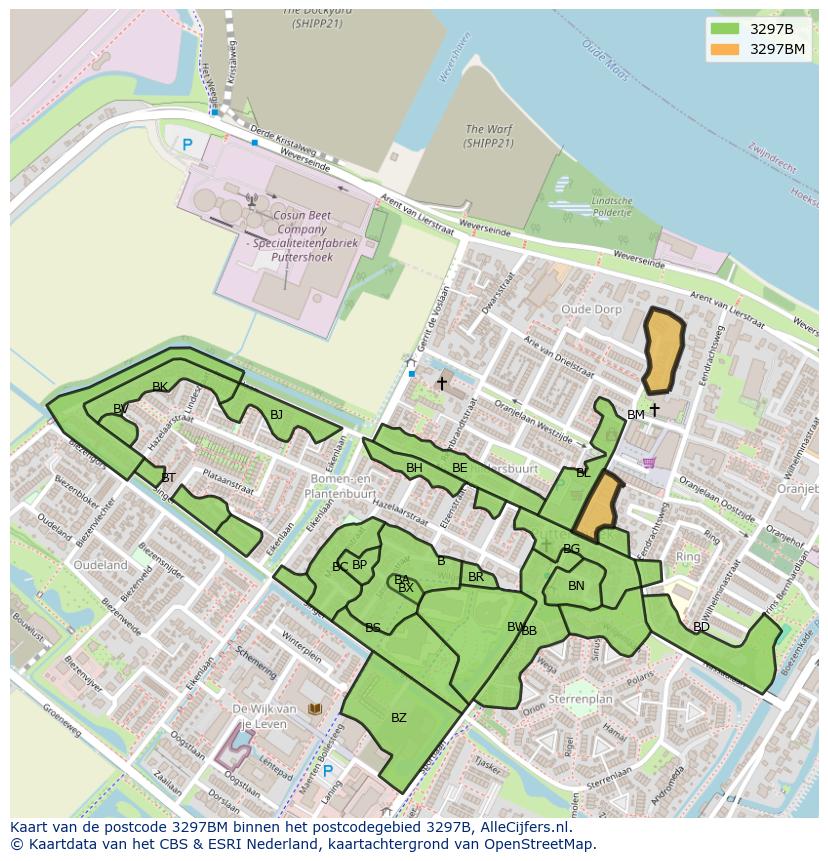 Afbeelding van het postcodegebied 3297 BM op de kaart.