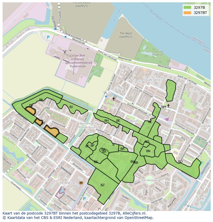 Afbeelding van het postcodegebied 3297 BT op de kaart.