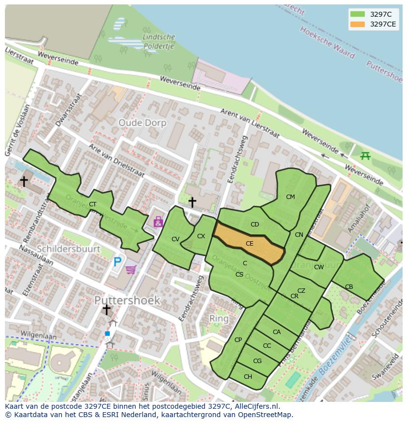 Afbeelding van het postcodegebied 3297 CE op de kaart.