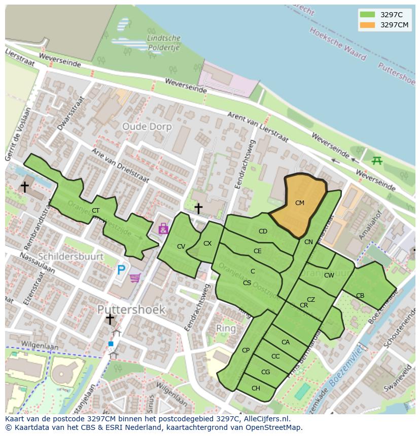 Afbeelding van het postcodegebied 3297 CM op de kaart.