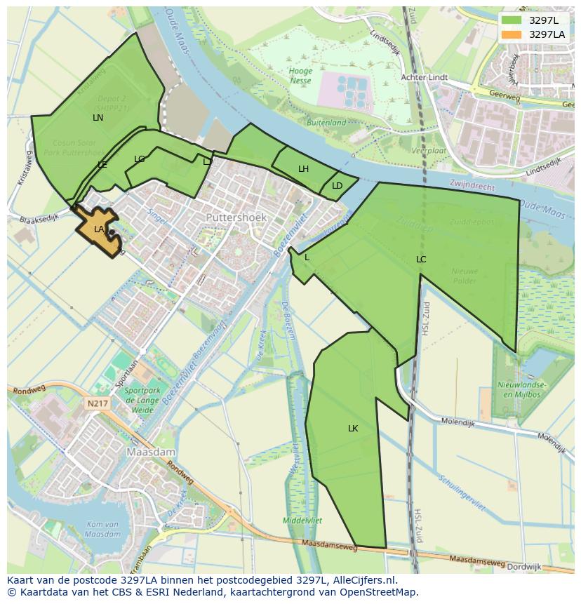 Afbeelding van het postcodegebied 3297 LA op de kaart.