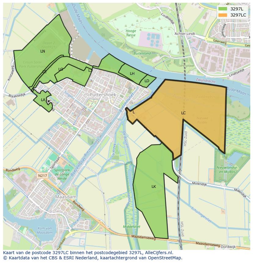 Afbeelding van het postcodegebied 3297 LC op de kaart.