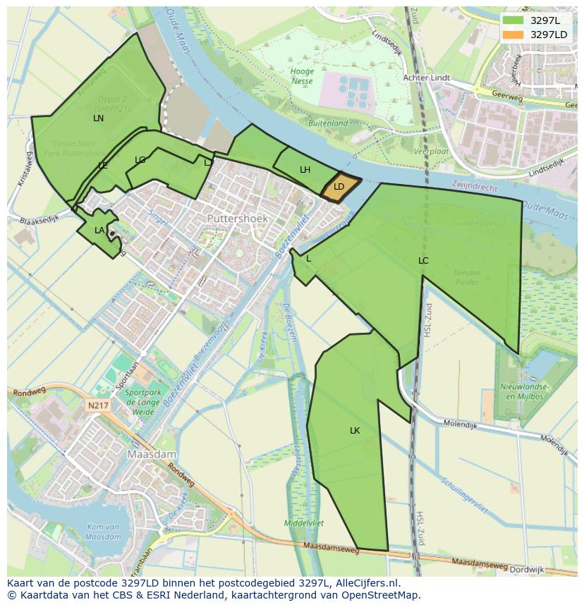 Afbeelding van het postcodegebied 3297 LD op de kaart.