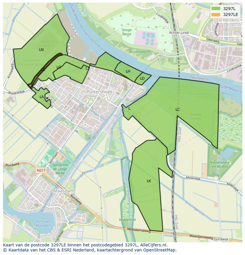 Afbeelding van het postcodegebied 3297 LE op de kaart.