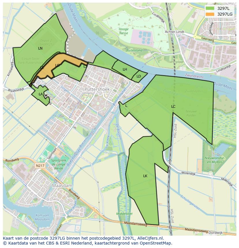 Afbeelding van het postcodegebied 3297 LG op de kaart.