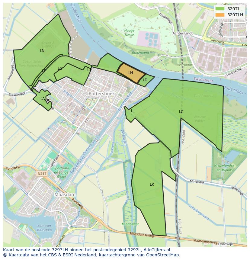 Afbeelding van het postcodegebied 3297 LH op de kaart.