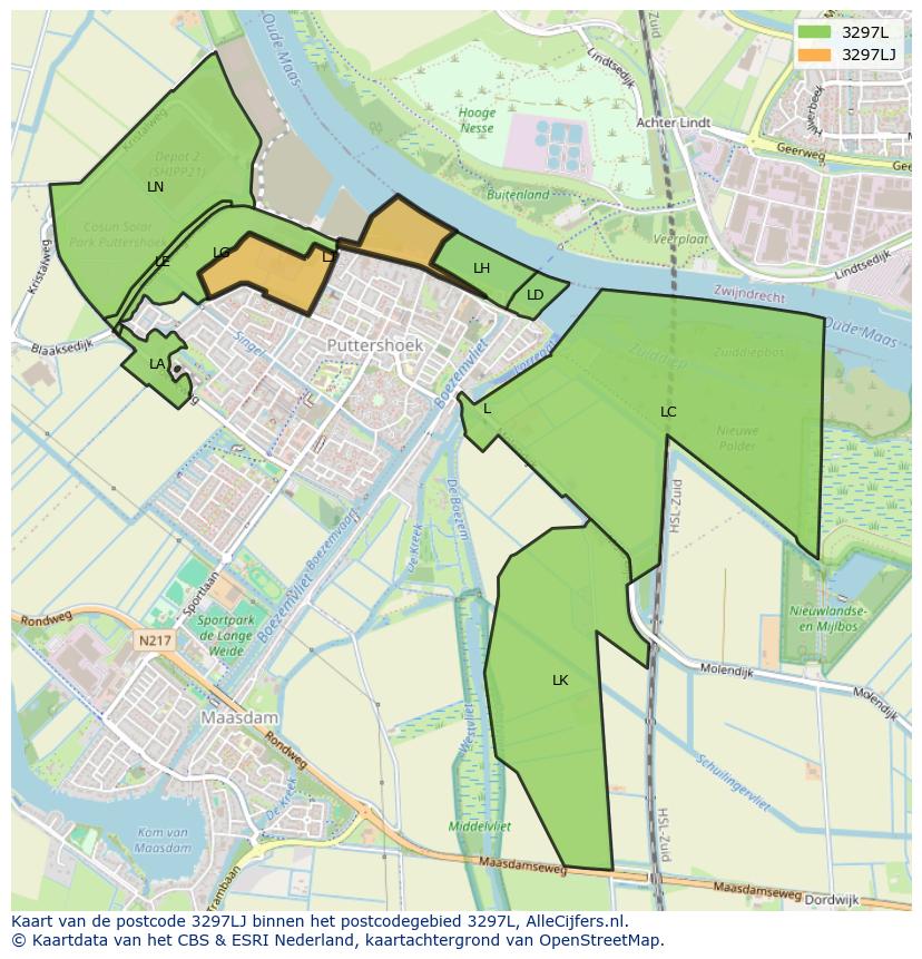 Afbeelding van het postcodegebied 3297 LJ op de kaart.