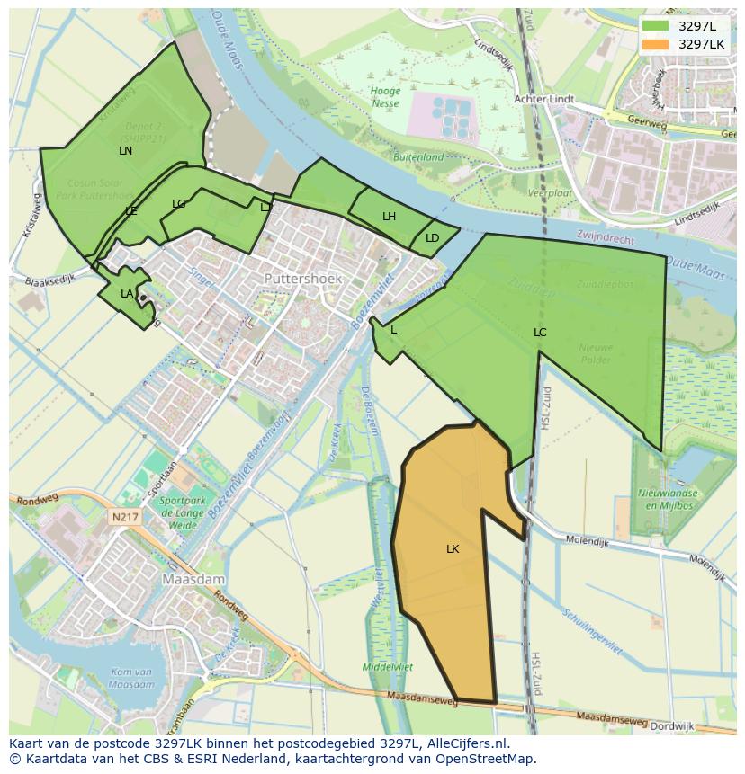 Afbeelding van het postcodegebied 3297 LK op de kaart.