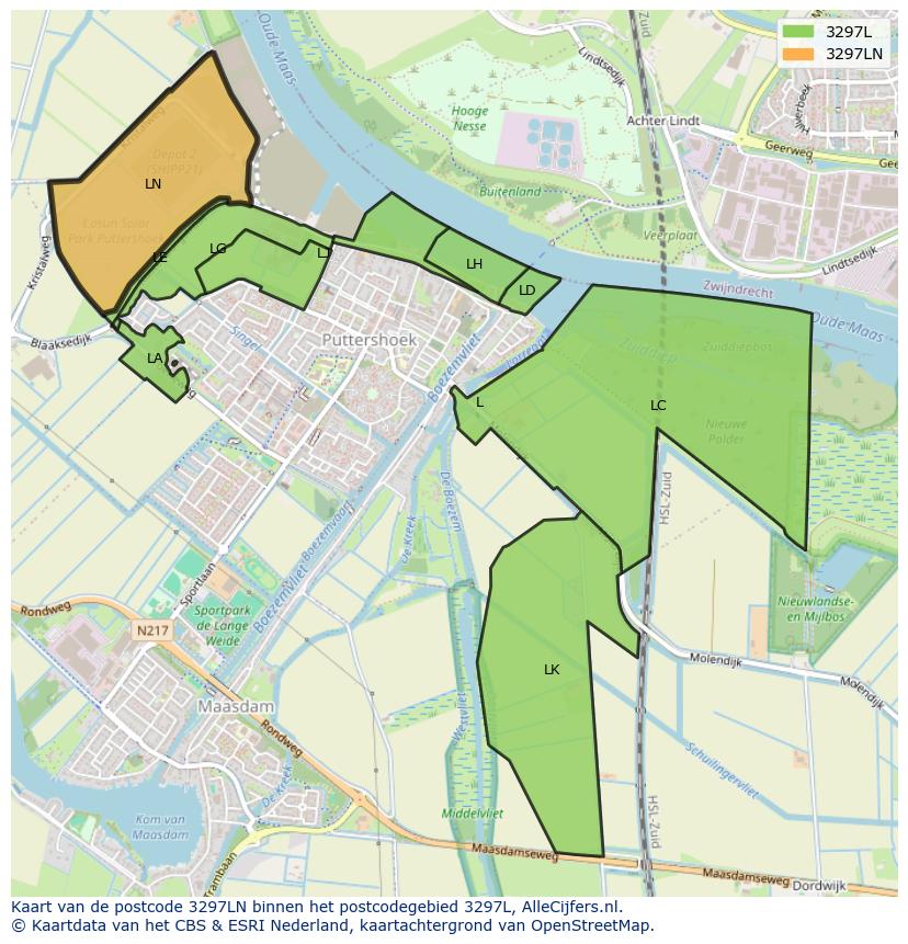 Afbeelding van het postcodegebied 3297 LN op de kaart.