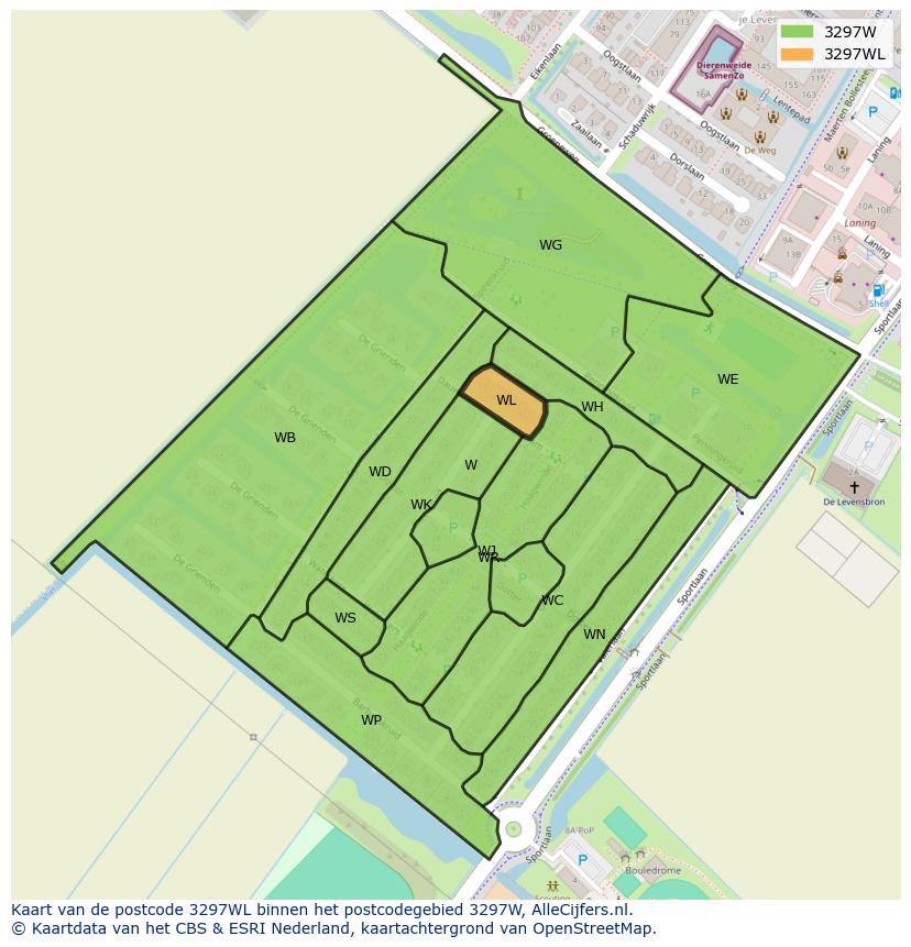 Afbeelding van het postcodegebied 3297 WL op de kaart.