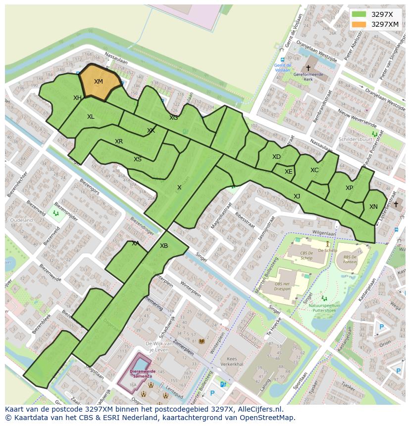 Afbeelding van het postcodegebied 3297 XM op de kaart.