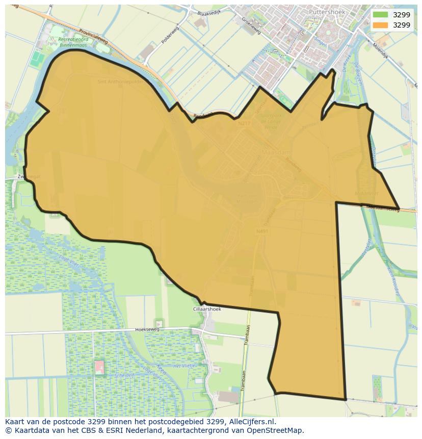 Afbeelding van het postcodegebied 3299 op de kaart.