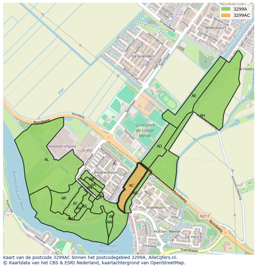 Afbeelding van het postcodegebied 3299 AC op de kaart.