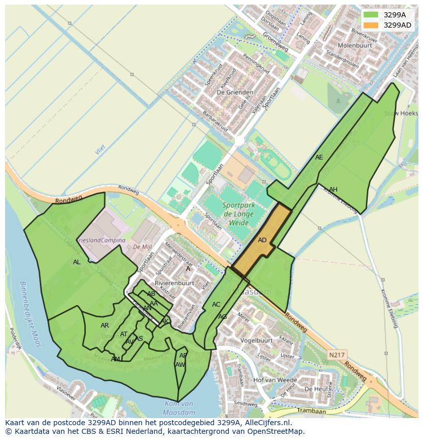 Afbeelding van het postcodegebied 3299 AD op de kaart.