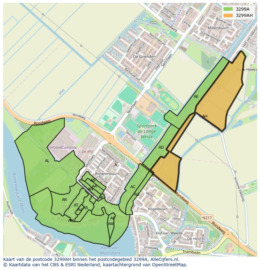 Afbeelding van het postcodegebied 3299 AH op de kaart.