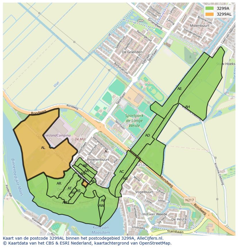 Afbeelding van het postcodegebied 3299 AL op de kaart.