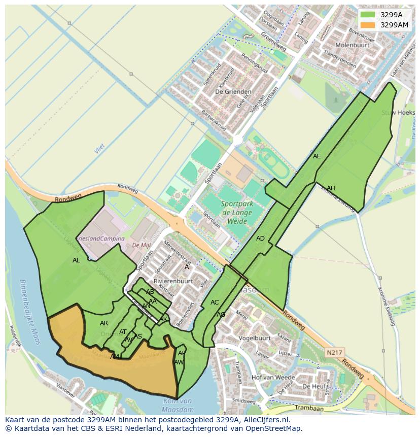 Afbeelding van het postcodegebied 3299 AM op de kaart.