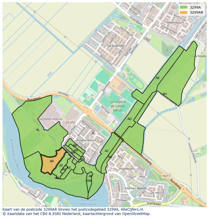 Afbeelding van het postcodegebied 3299 AR op de kaart.