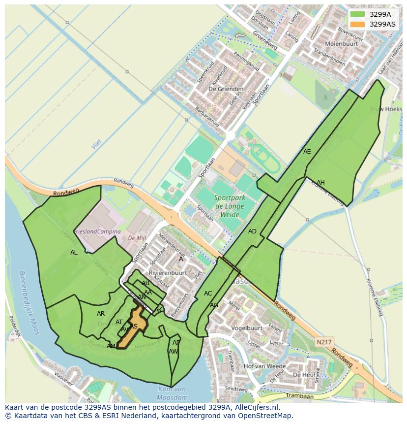 Afbeelding van het postcodegebied 3299 AS op de kaart.
