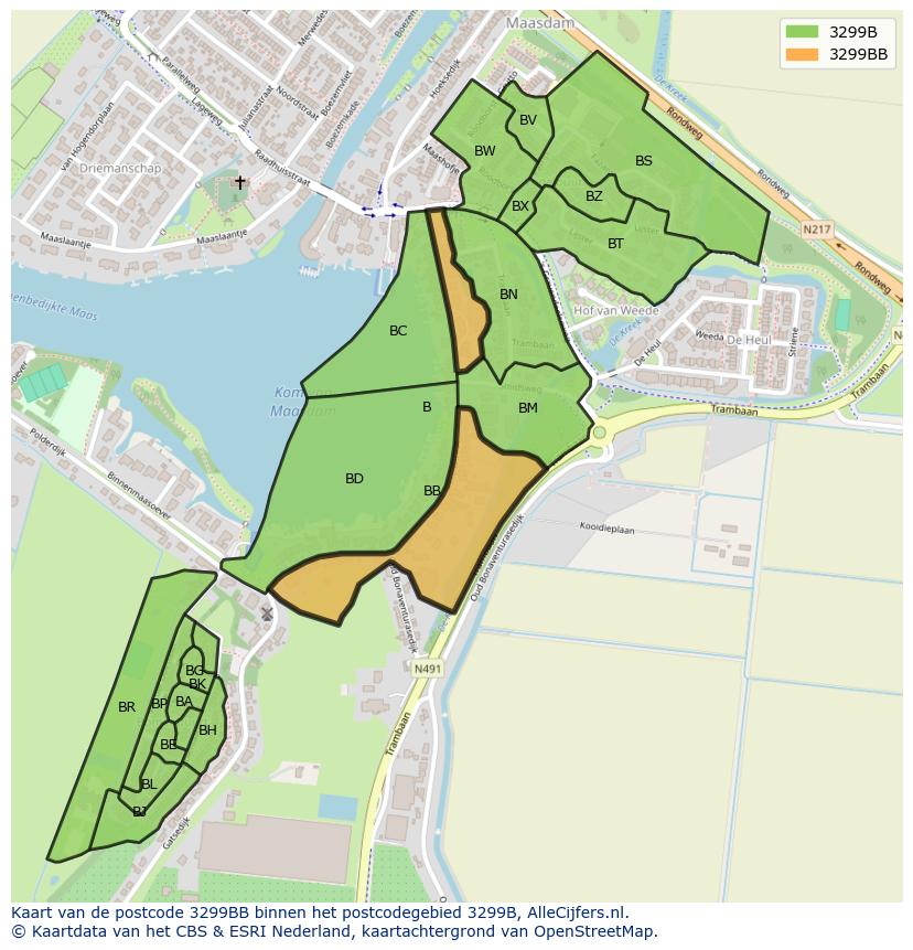 Afbeelding van het postcodegebied 3299 BB op de kaart.