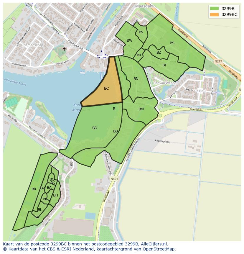 Afbeelding van het postcodegebied 3299 BC op de kaart.
