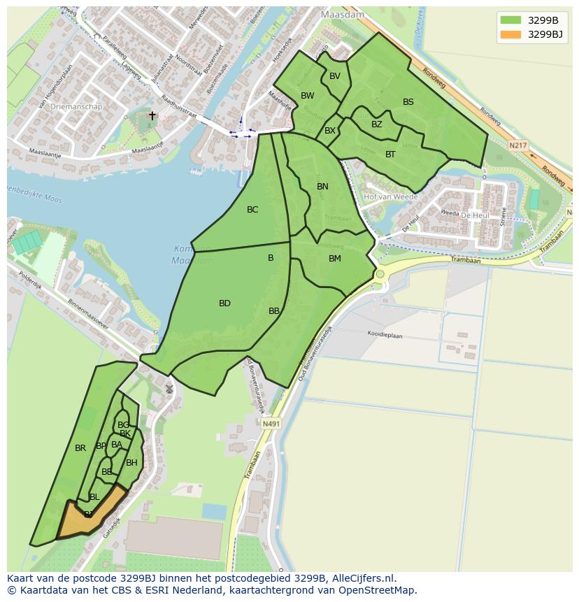 Afbeelding van het postcodegebied 3299 BJ op de kaart.