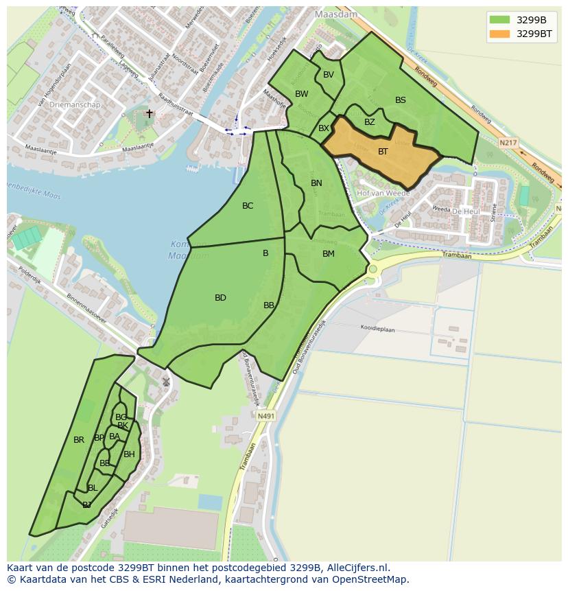 Afbeelding van het postcodegebied 3299 BT op de kaart.