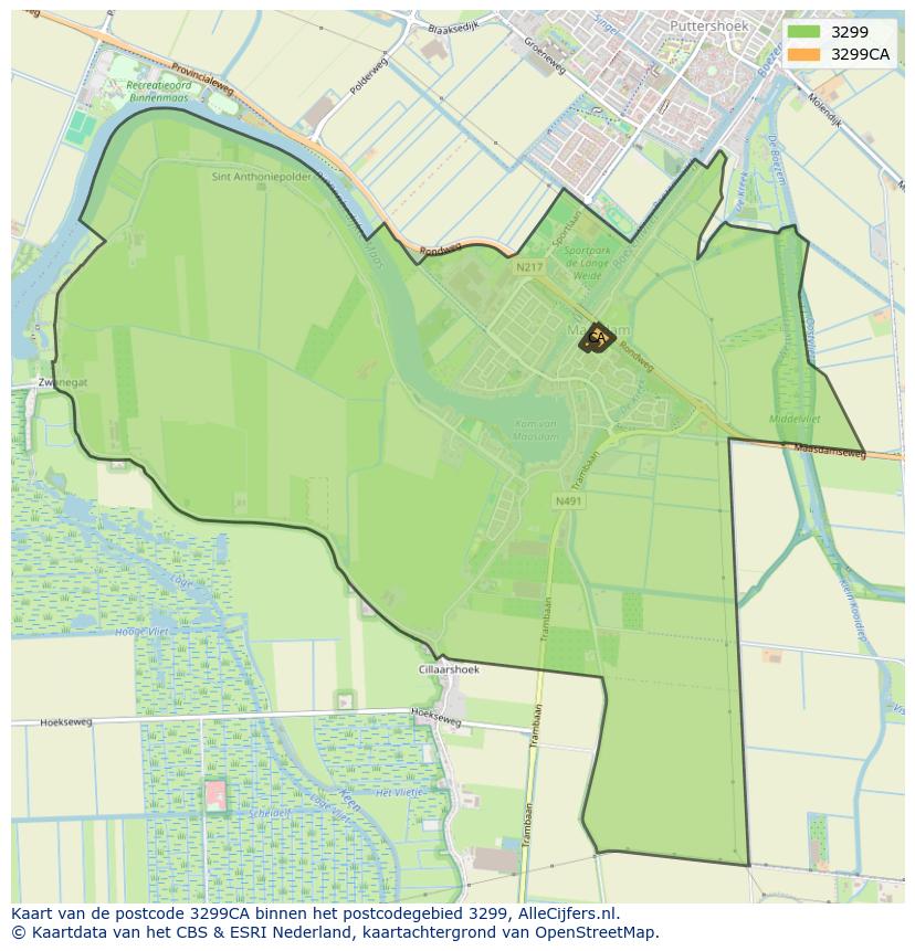 Afbeelding van het postcodegebied 3299 CA op de kaart.