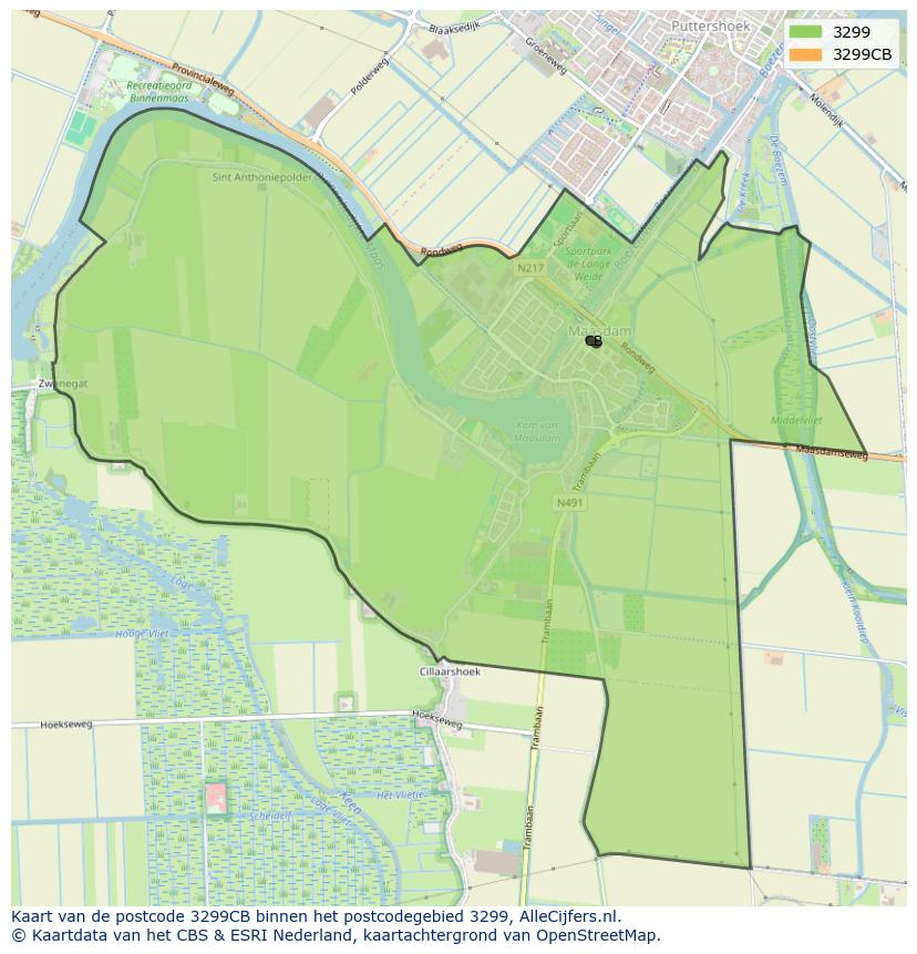 Afbeelding van het postcodegebied 3299 CB op de kaart.