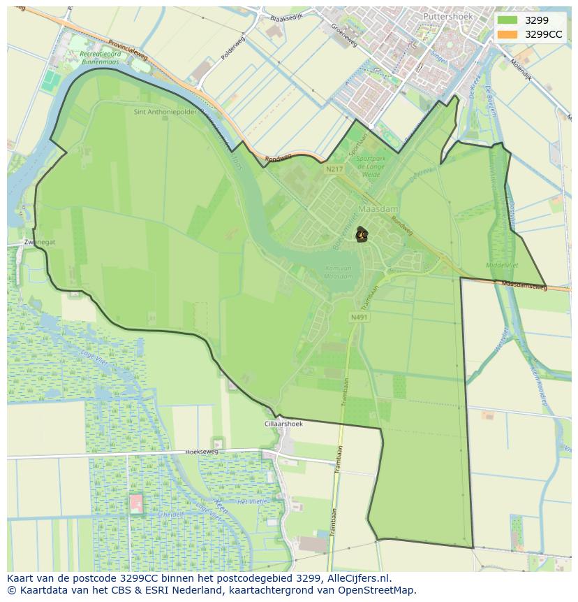 Afbeelding van het postcodegebied 3299 CC op de kaart.