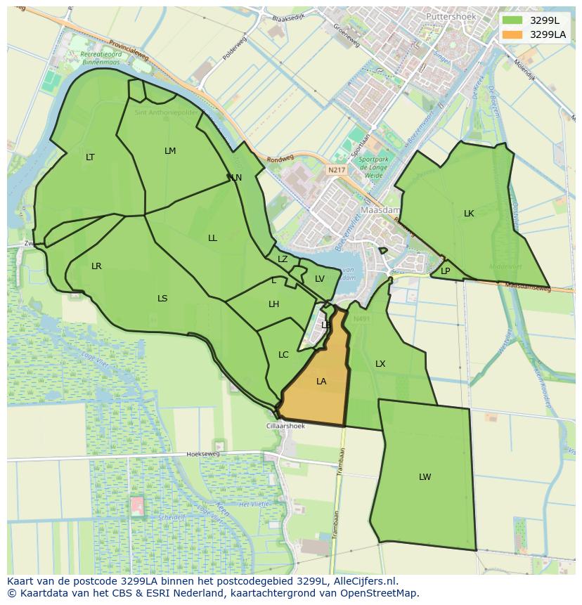 Afbeelding van het postcodegebied 3299 LA op de kaart.
