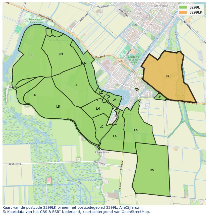 Afbeelding van het postcodegebied 3299 LK op de kaart.