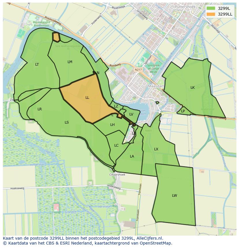 Afbeelding van het postcodegebied 3299 LL op de kaart.