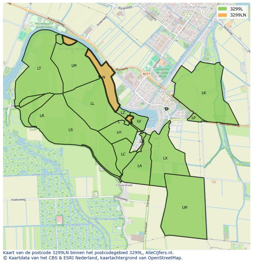 Afbeelding van het postcodegebied 3299 LN op de kaart.