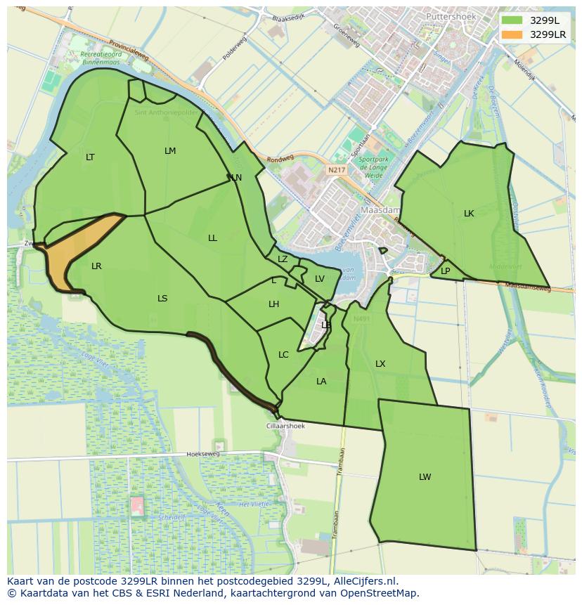 Afbeelding van het postcodegebied 3299 LR op de kaart.