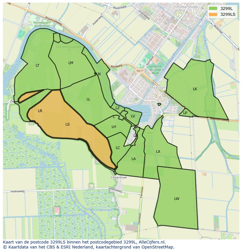 Afbeelding van het postcodegebied 3299 LS op de kaart.