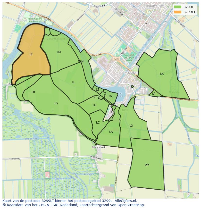 Afbeelding van het postcodegebied 3299 LT op de kaart.