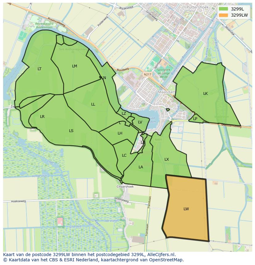 Afbeelding van het postcodegebied 3299 LW op de kaart.