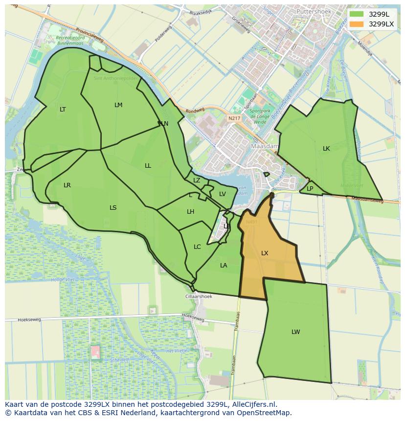 Afbeelding van het postcodegebied 3299 LX op de kaart.