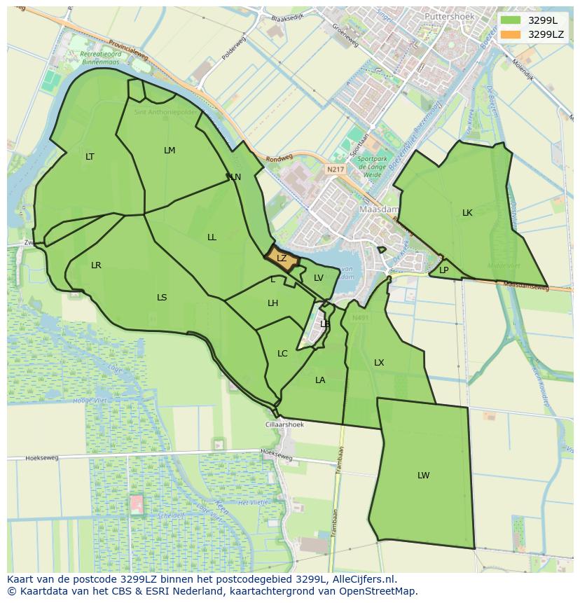 Afbeelding van het postcodegebied 3299 LZ op de kaart.