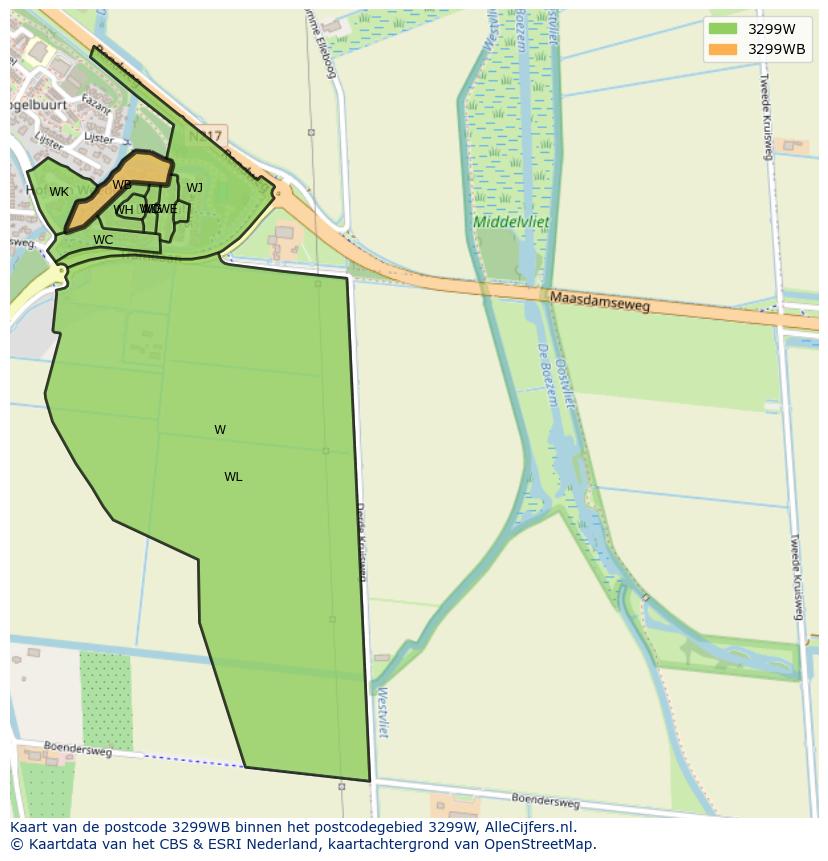 Afbeelding van het postcodegebied 3299 WB op de kaart.