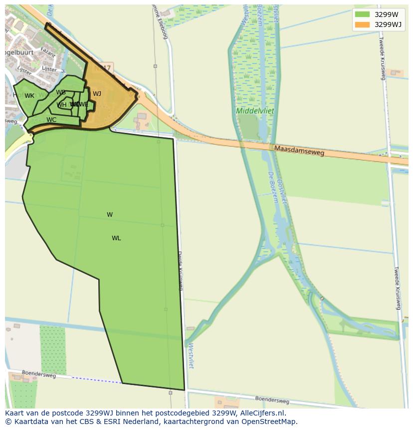 Afbeelding van het postcodegebied 3299 WJ op de kaart.