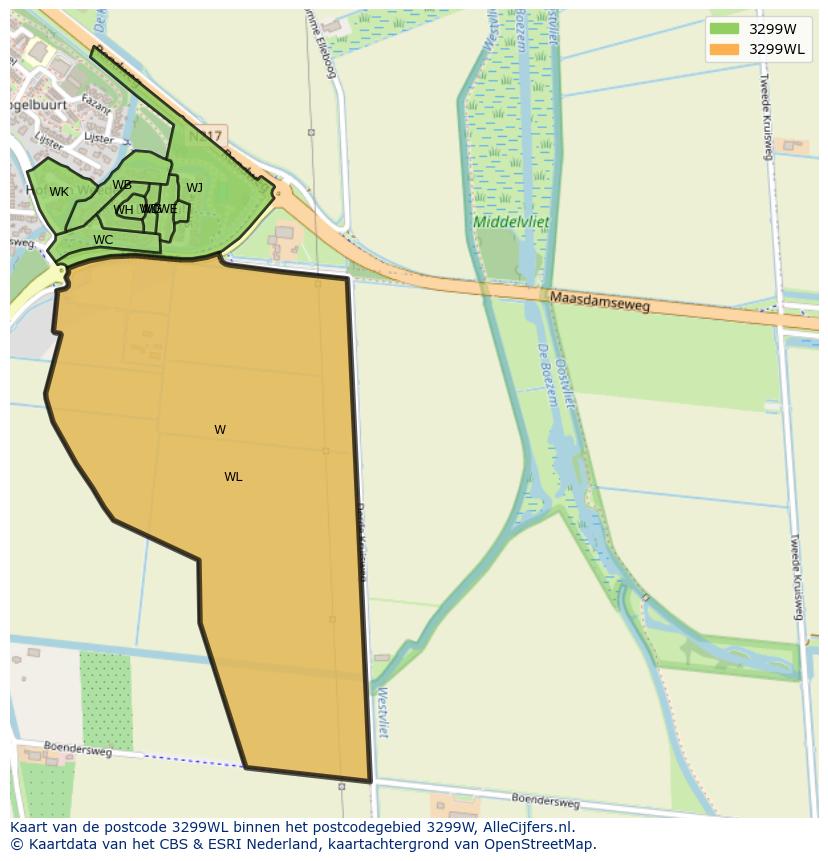 Afbeelding van het postcodegebied 3299 WL op de kaart.