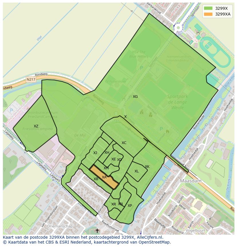 Afbeelding van het postcodegebied 3299 XA op de kaart.